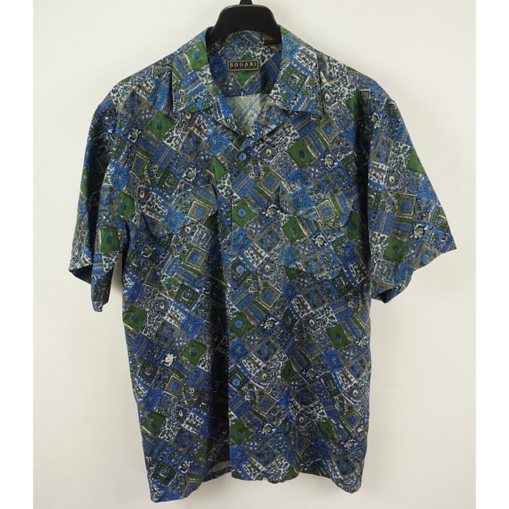 Bogari Satin 100% Silk Mens Large Blue Green Gray Geometric Button Up Camp Shirt